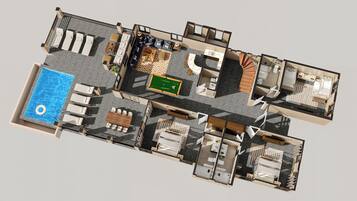 A 3D floor plan of a hotel with a pool, multiple bedrooms, a dining area, and a billiards room.