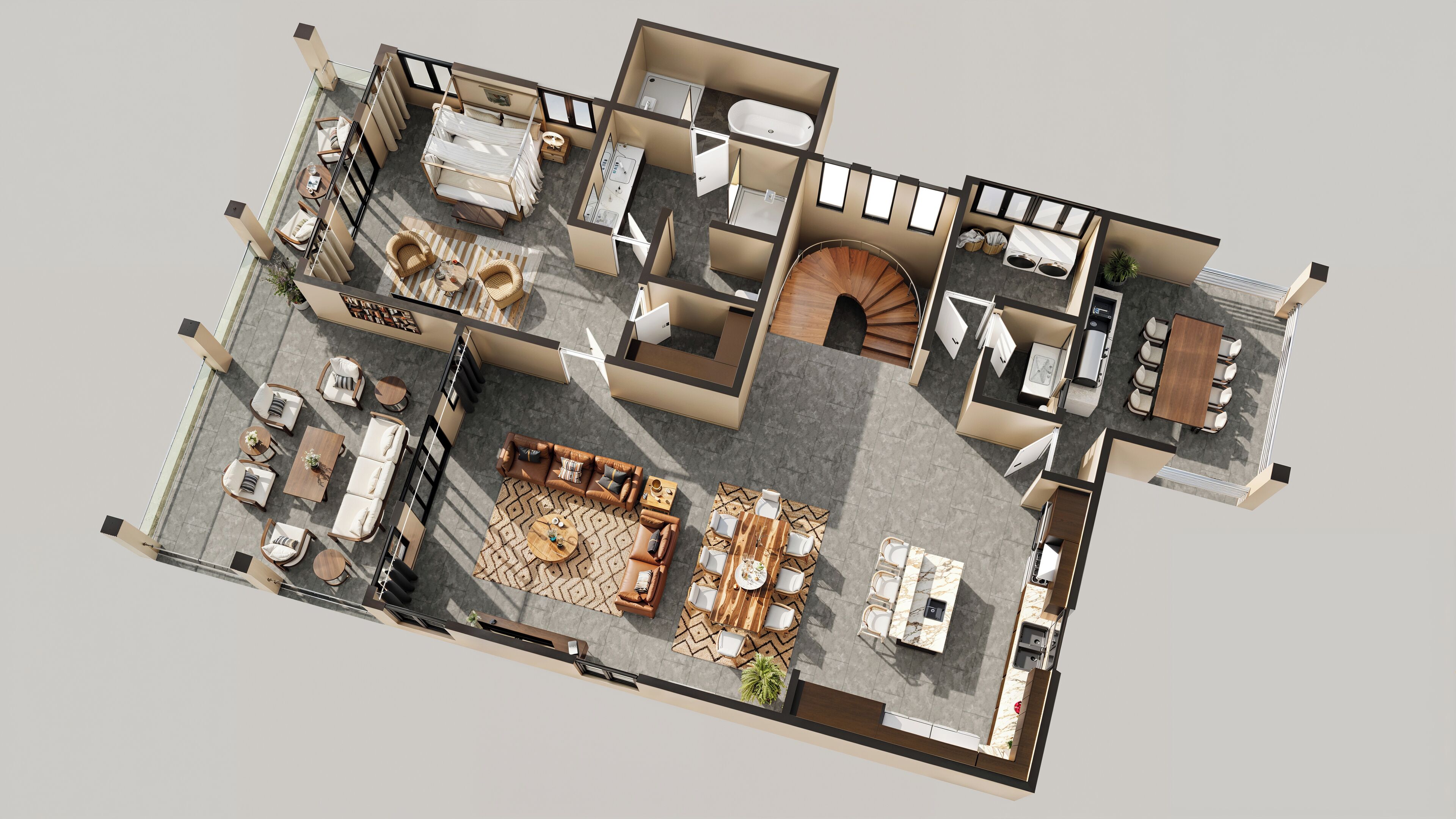 Un plano de planta en 3D de un hotel con balcón, comedor, sala de estar, cocina, baño y escalera.
