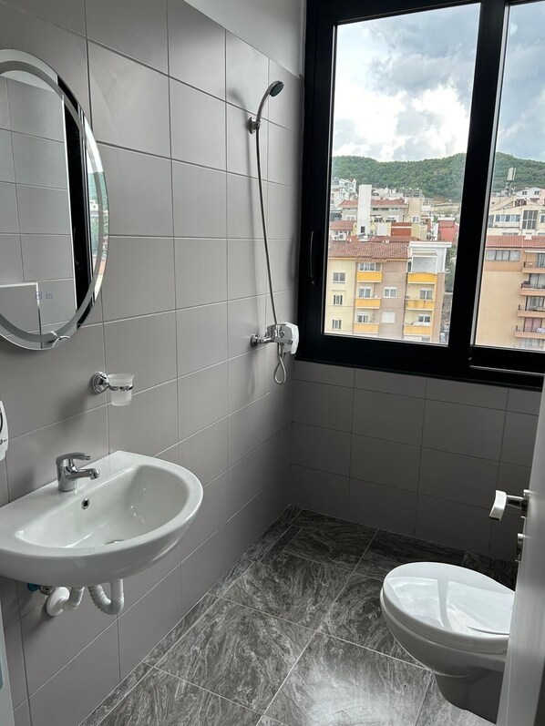Hair dryer, towels, soap, toilet paper