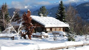 Une cabane en rondins dont le toit est recouvert de neige, entourée d’arbres et de montagnes également enneigés, qui se dressent à l’arrière-plan.
