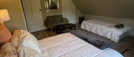 A bedroom with a large bed, a smaller bed, a sofa, a coffee table, and a mirror.