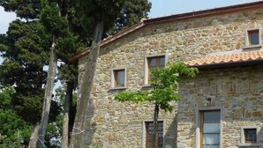 A stone building with multiple windows, a door, and a small tree in front. There are two lounge chairs and a hammock. - Holiday Home in Montecarelli with Pool (Montecarelli)