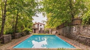Una piscina rectangular con un muro de piedra en un lado y una valla de madera en el otro, rodeada de abundante vegetación y una escalera de piedra que conduce a un edificio con techo rojo.