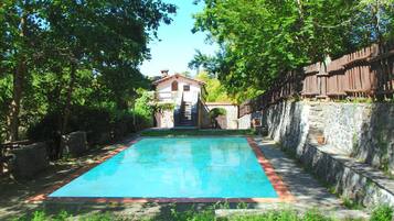 Una piscina rettangolare con una parete in pietra da un lato e una recinzione in legno dall'altro, immersa nel verde.