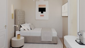 A modern bedroom with a tufted headboard bed, a round bedside table, a white bench, and a unique chandelier. - Infinity History Boutique Suites (Athens)