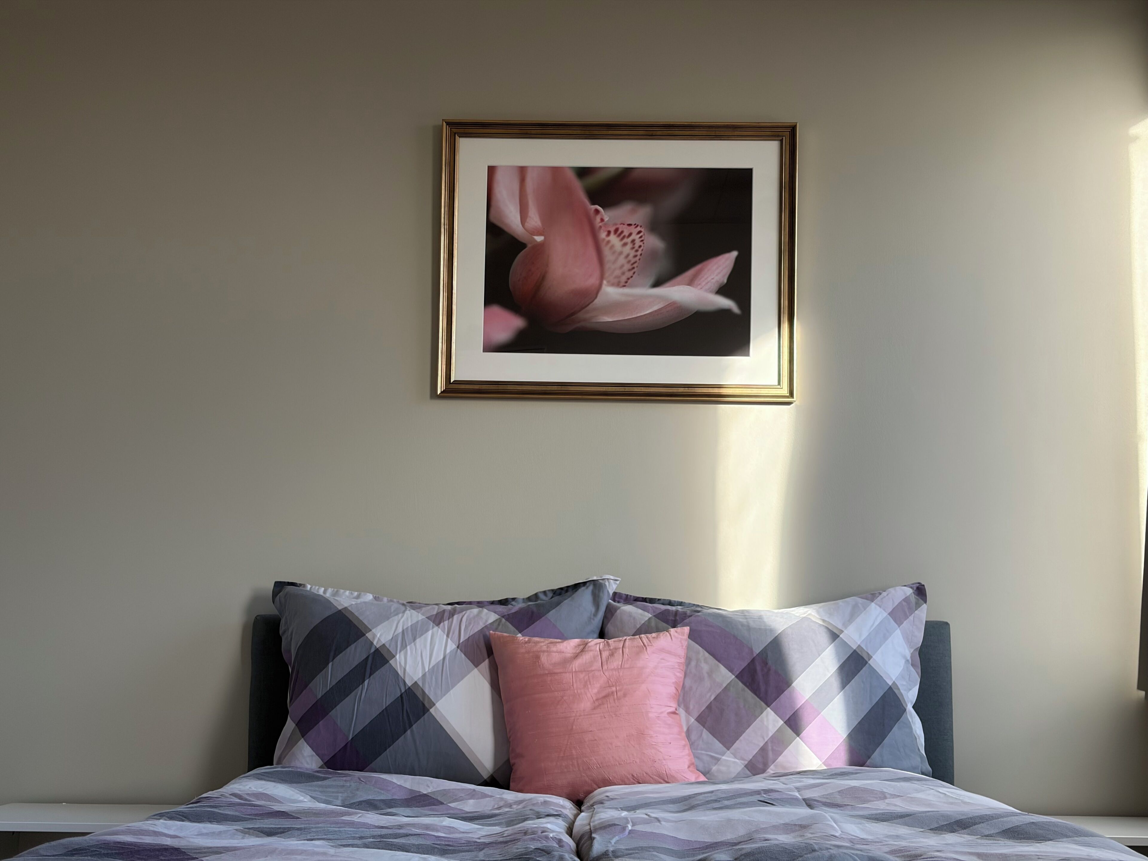 Una cama bien hecha con una colcha estampada, dos almohadas con diseño a cuadros y un cuadro con una flor en la pared.