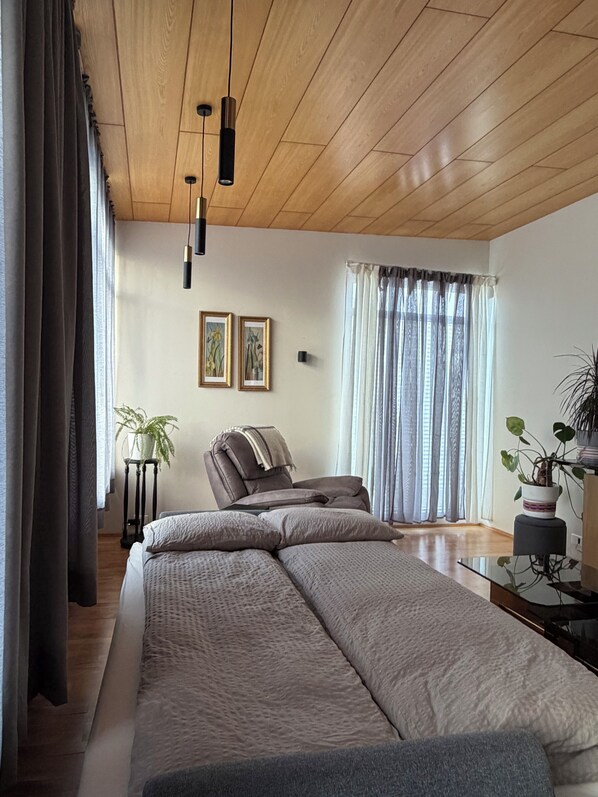 Et moderne soveværelse med seng, stol, en potteplante og en loftlampe.