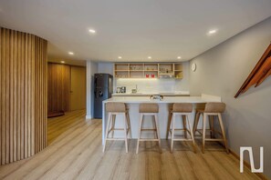 Fridge, microwave, stovetop, coffee/tea maker