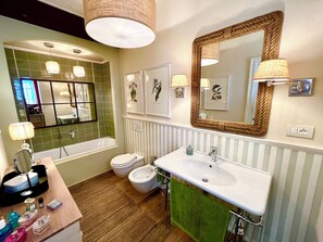 Shower, hair dryer, bidet, towels