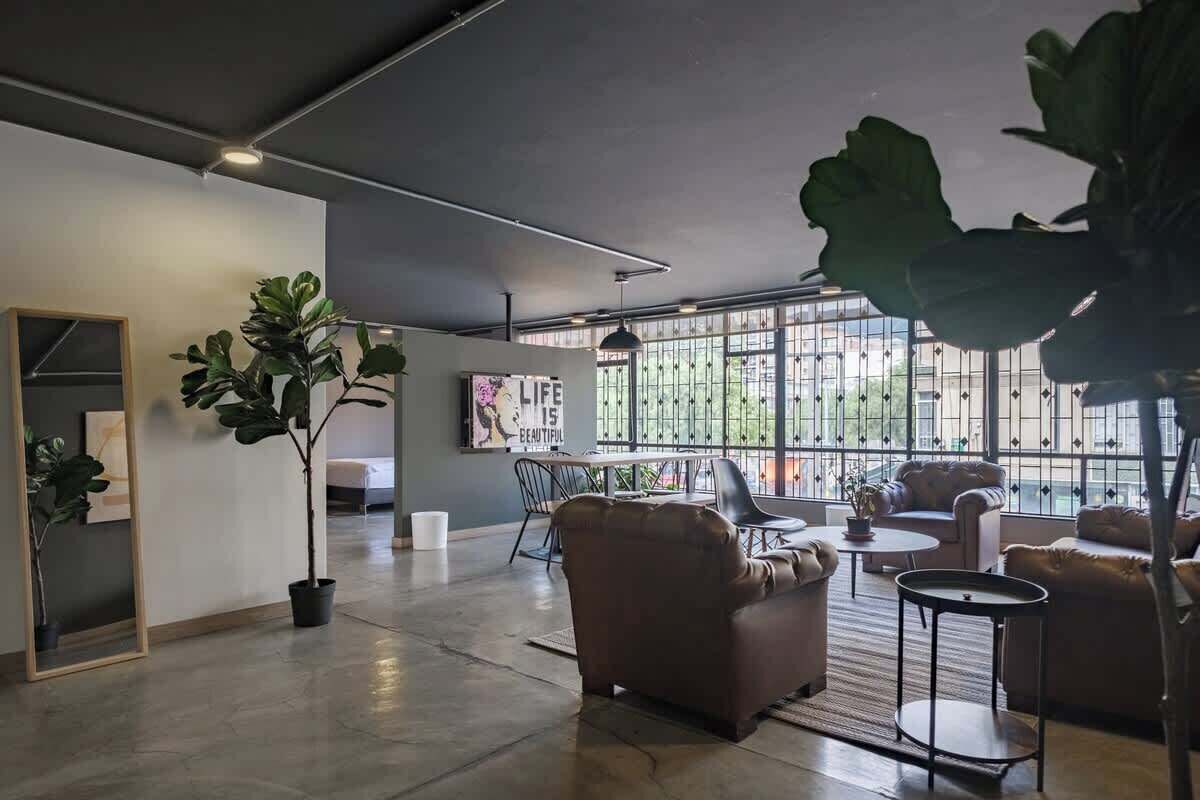 Una habitación amplia con ventanas grandes, un sofá, una mesa de centro y una planta en maceta.