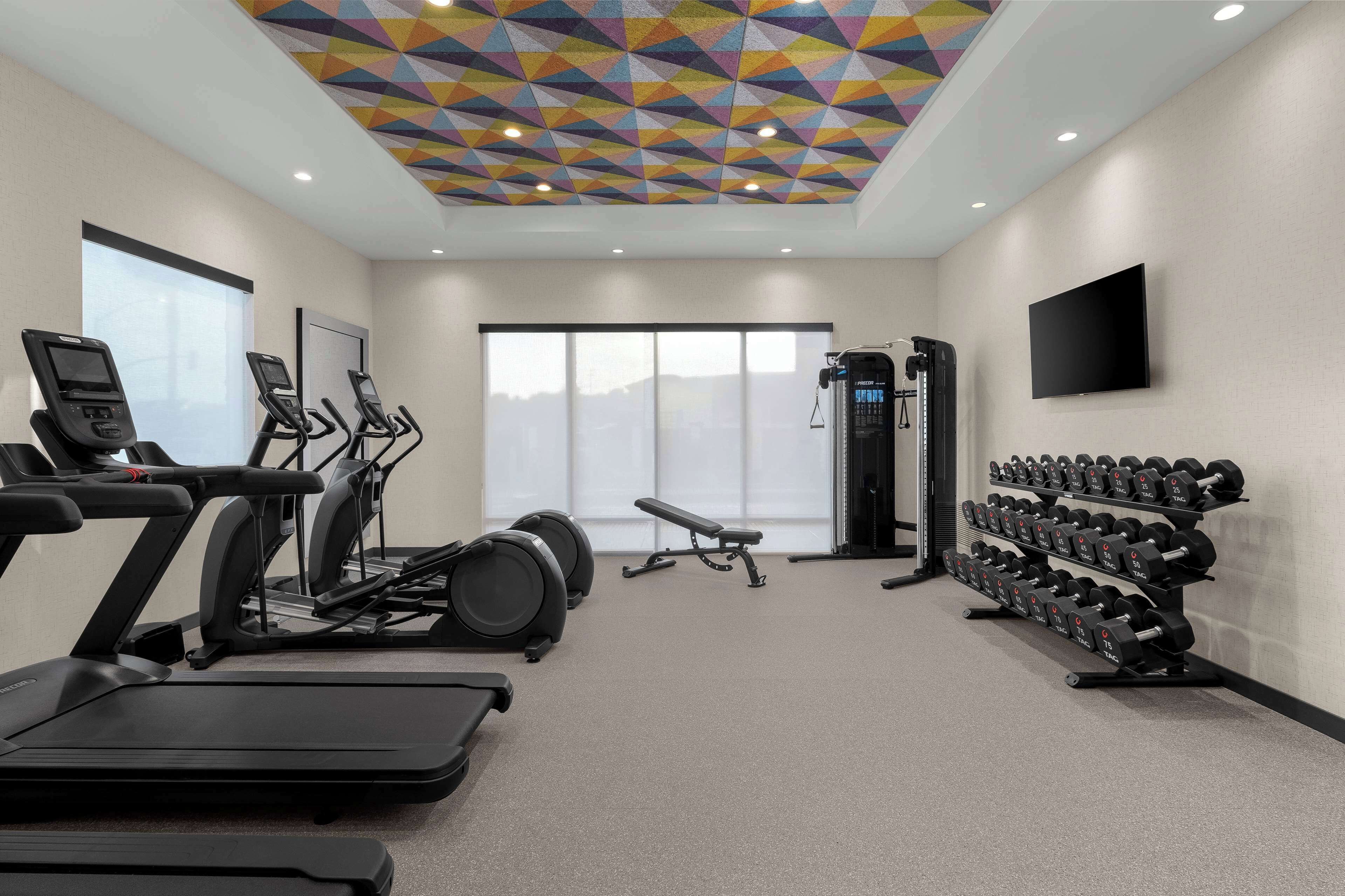 A gym with treadmills, elliptical machines, a bench, and a rack of dumbbells.