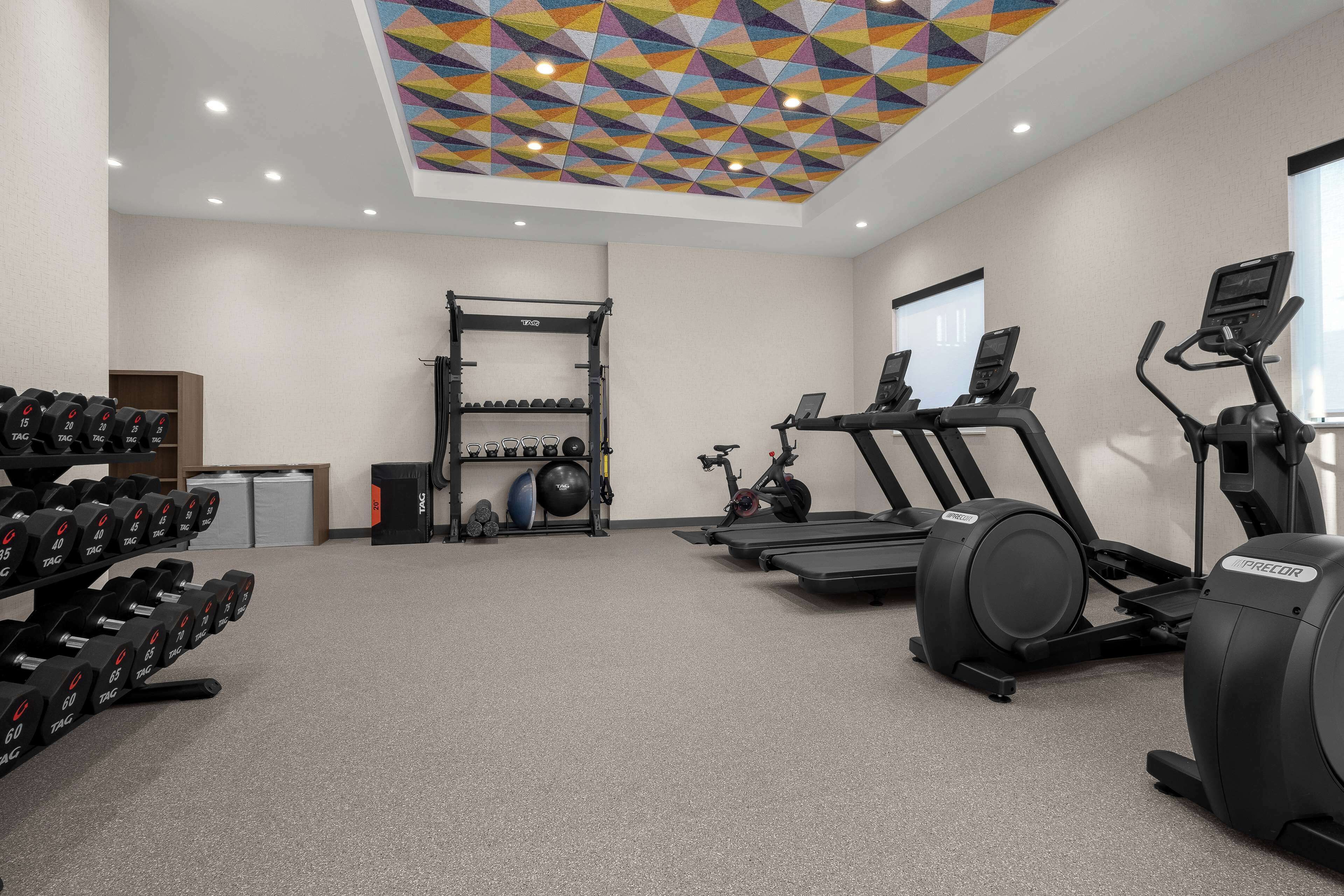 A gym with treadmills, elliptical machines, and dumbbells.
