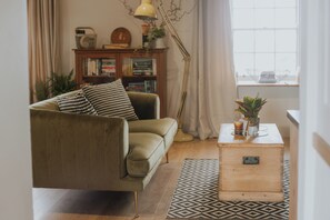 Cheminée, livres, chaîne hi-fi