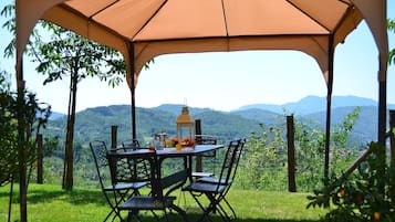 Un espace de restauration en plein air, avec une table et des chaises sous une tonnelle, offrant une vue sur un paysage montagneux.