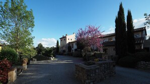 A gravel driveway leading to a building with a stone wall and a tree with pink blossoms.