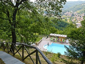 Zona de piscina con un pabellón, rodeada de árboles y vistas a un pueblo al fondo.