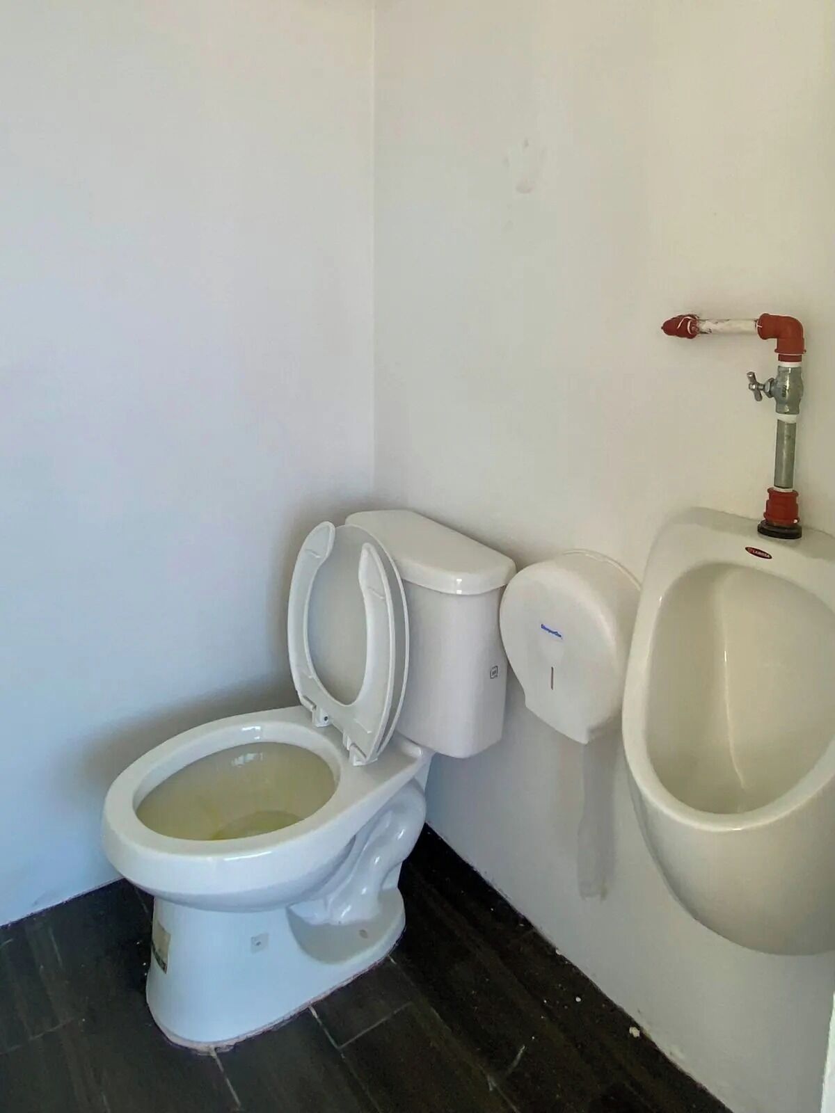 A bathroom with a toilet, urinal, and a water heater.