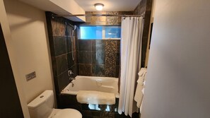 Hair dryer, towels, soap, shampoo