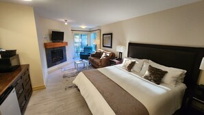 Un dormitorio con una cama grande, un sofá, un televisor, una chimenea y vistas al exterior.