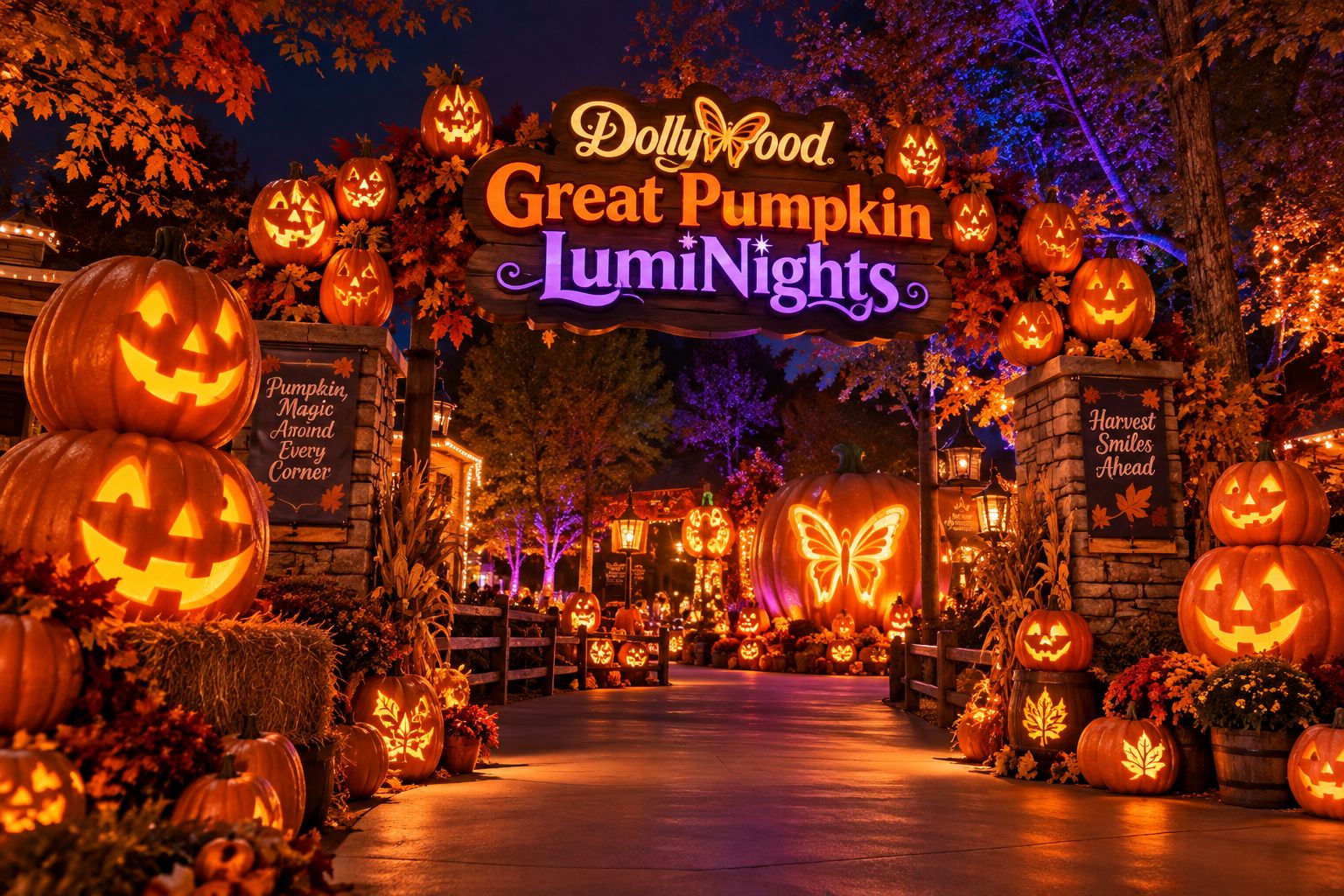 Un chemin bordé de citrouilles illuminées et un panneau indiquant : « Dollyhood Great Pumpkin LuminNights ».