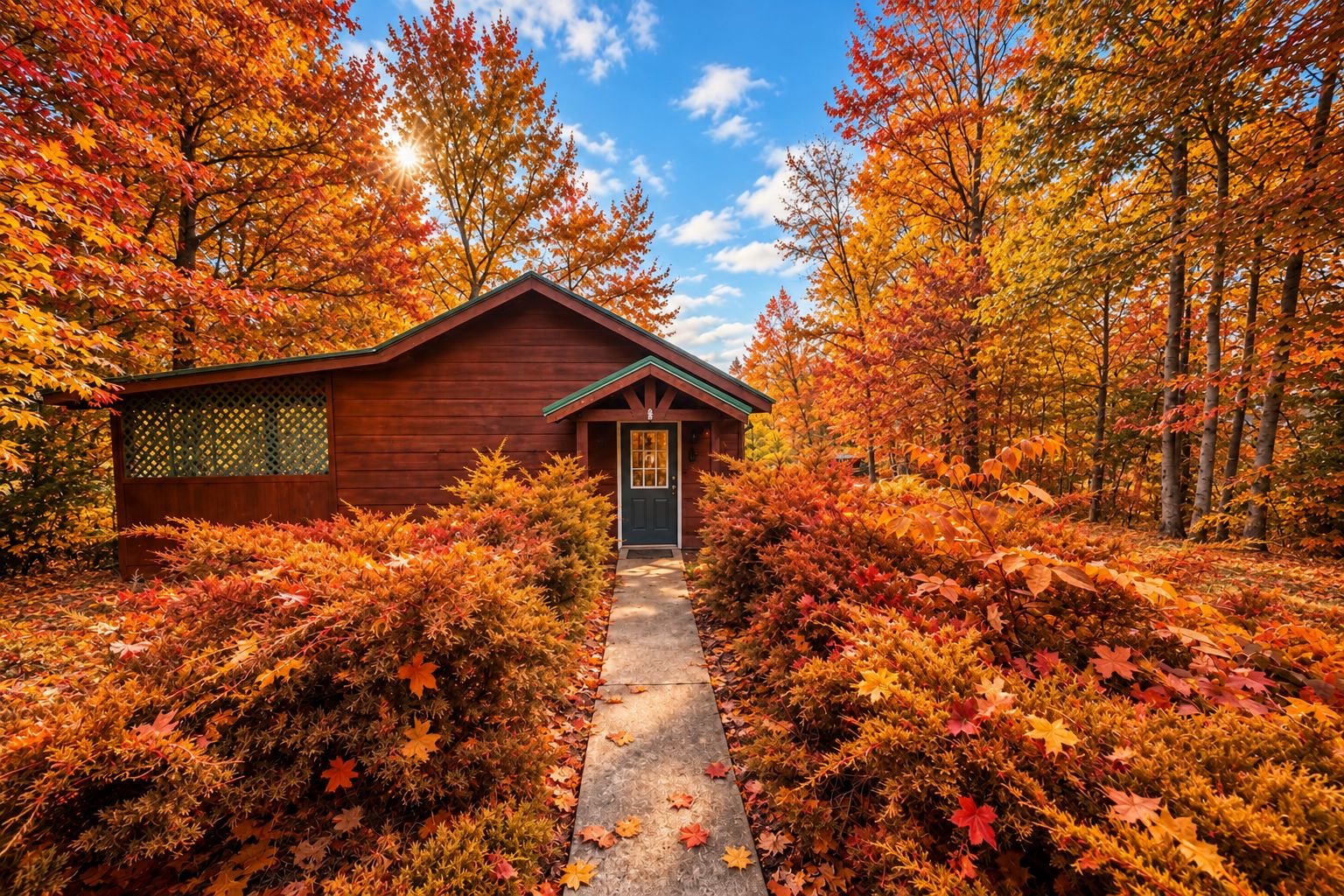A cabin with a wooden exterior, a front door, and a pathway leading to it.