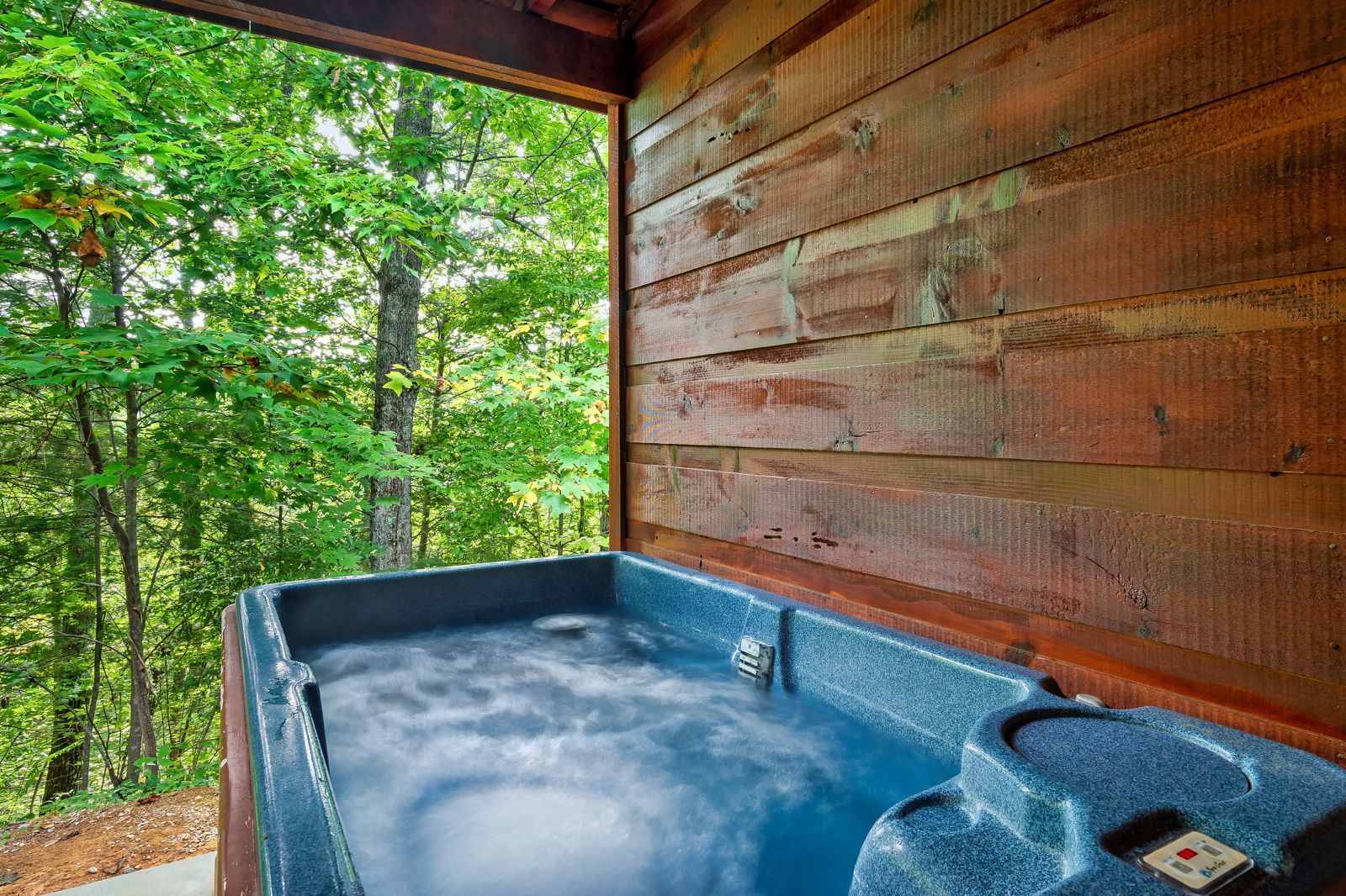 Un jacuzzi con pared exterior de madera y vista a un bosque.