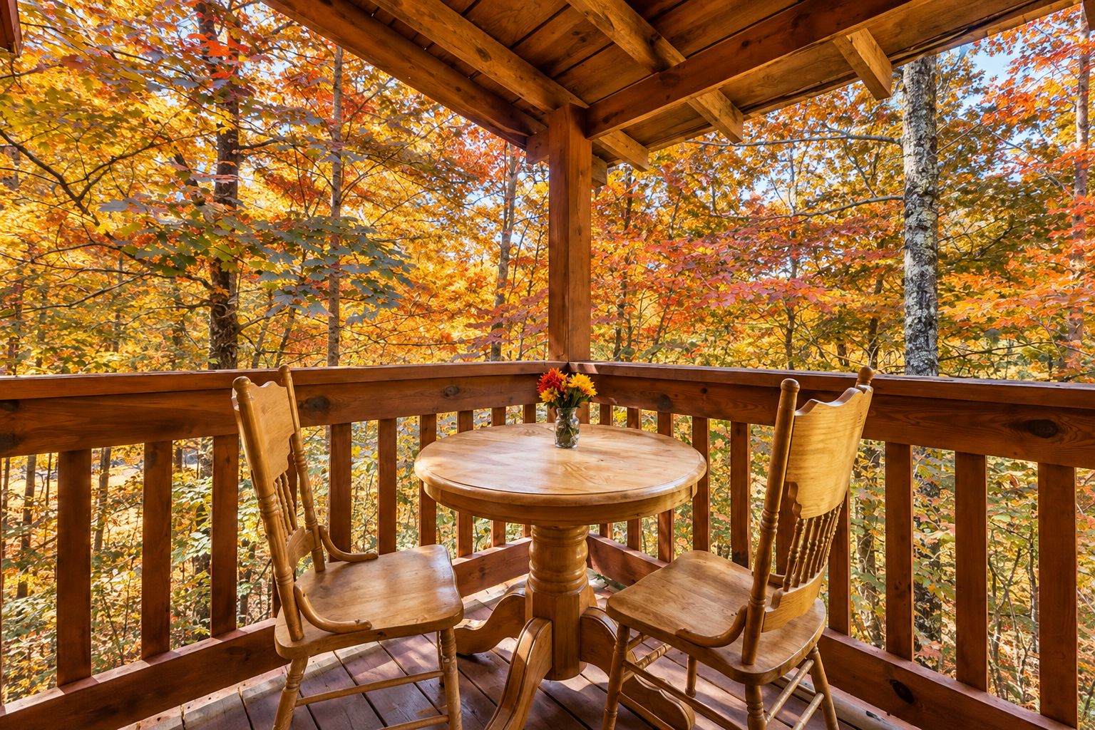 Une terrasse en bois avec une table ronde et deux chaises, entourée d’une balustrade en bois, donnant sur une forêt aux couleurs automnales.