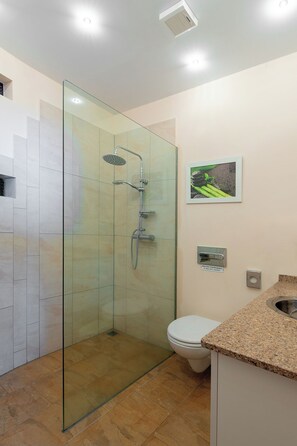 Douche, sĂšche-cheveux, serviettes fournies, savon