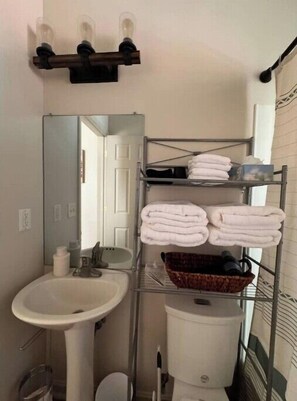 Ducha, secador de pelo, toallas y jabón