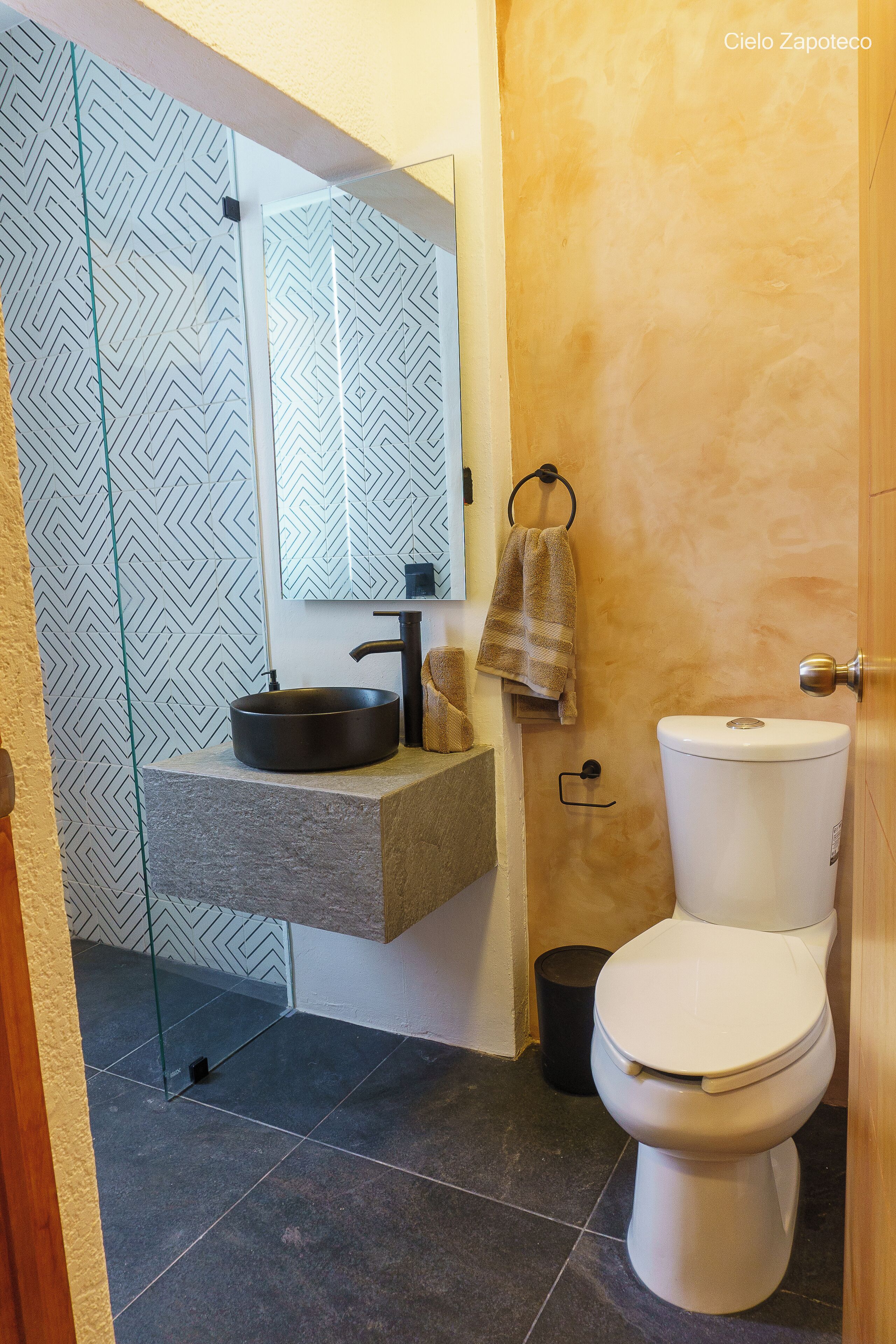 A bathroom with a modern design, featuring a glass shower enclosure, a sink with a black basin, a white toilet, and a towel hanging on a hook.