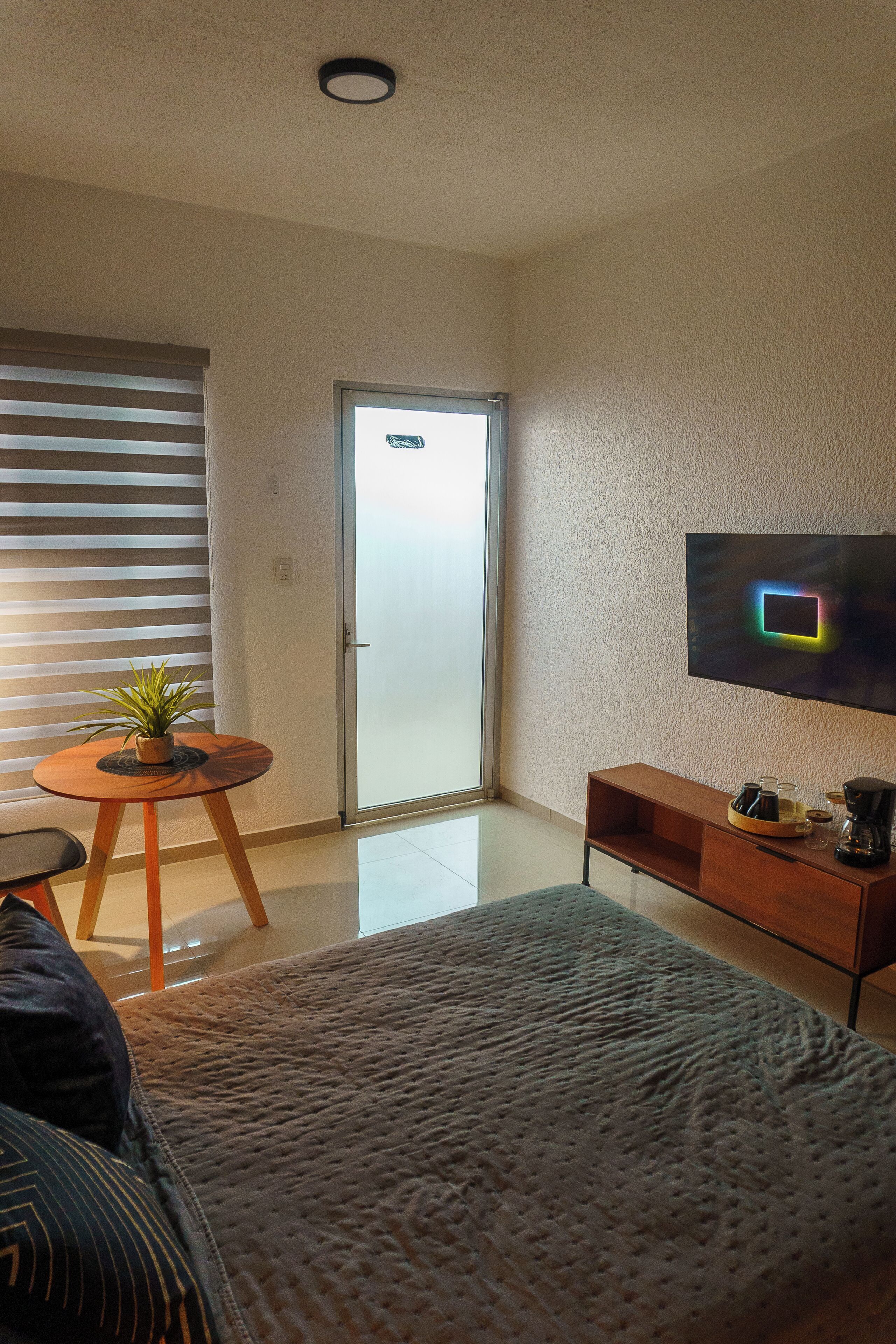 Habitación de hotel con cama, una pequeña mesa redonda con una planta, televisor montado en la pared y puerta corrediza que da al exterior.