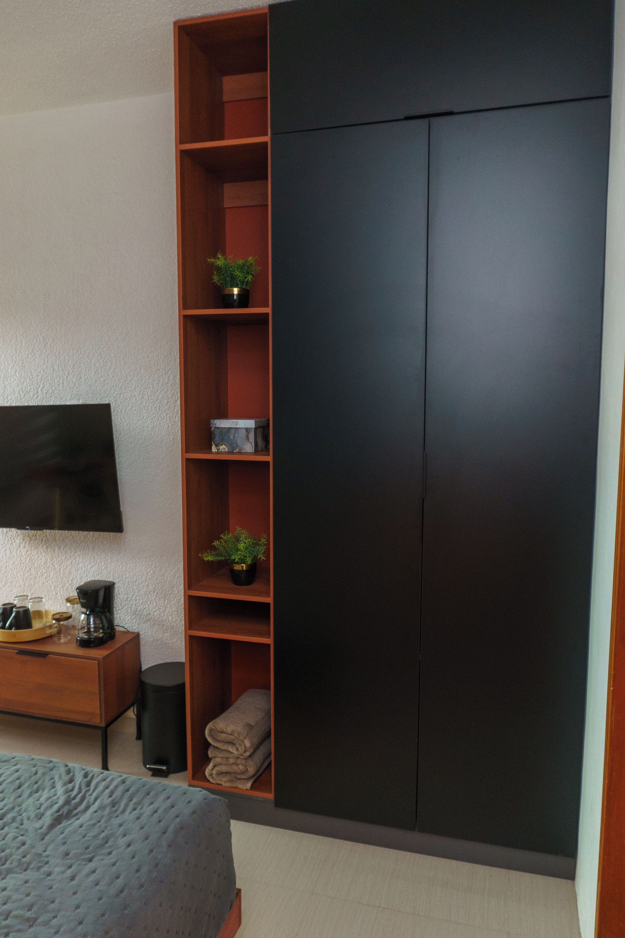 Une chambre à coucher comprenant un lit, un téléviseur, une étagère en bois avec des plantes, une armoire et un bureau avec une machine à café.