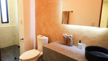 A bathroom with a toilet, a sink, and a mirror.