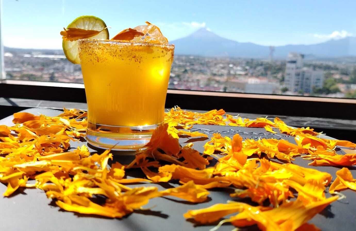 A glass of yellow beverage with a lime slice and a garnish, surrounded by orange flower petals, with a cityscape and mountains in the background.