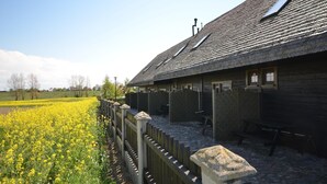 A wooden building with a sloped roof and multiple windows, surrounded by a field of yellow flowers.