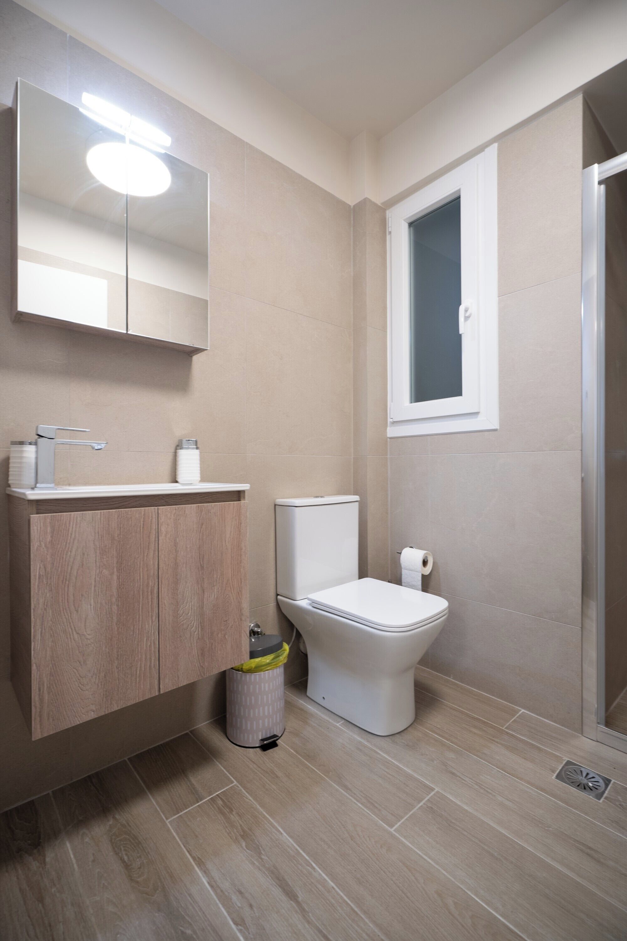 Shower, towels, soap, toilet paper