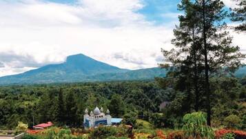 A resort with a swimming pool, a white building with a dome, and a mountain in the background.