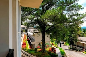 A residential area with a tree-lined pathway, a building with a balcony, and a clear sky.