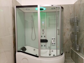 Hair dryer, bidet, towels, soap
