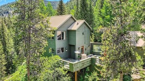 Une cabane verte dotée d’une terrasse, entourée d’une forêt dense et avec des montagnes en arrière-plan.