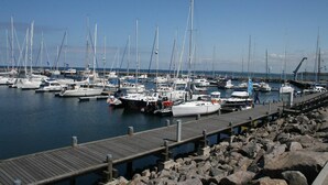 A marina with multiple sailboats docked, a wooden pier, and rocky shoreline. - Ferienwohnung in Rerik bis zu 2 Personen (Rerik (Ostseebad))