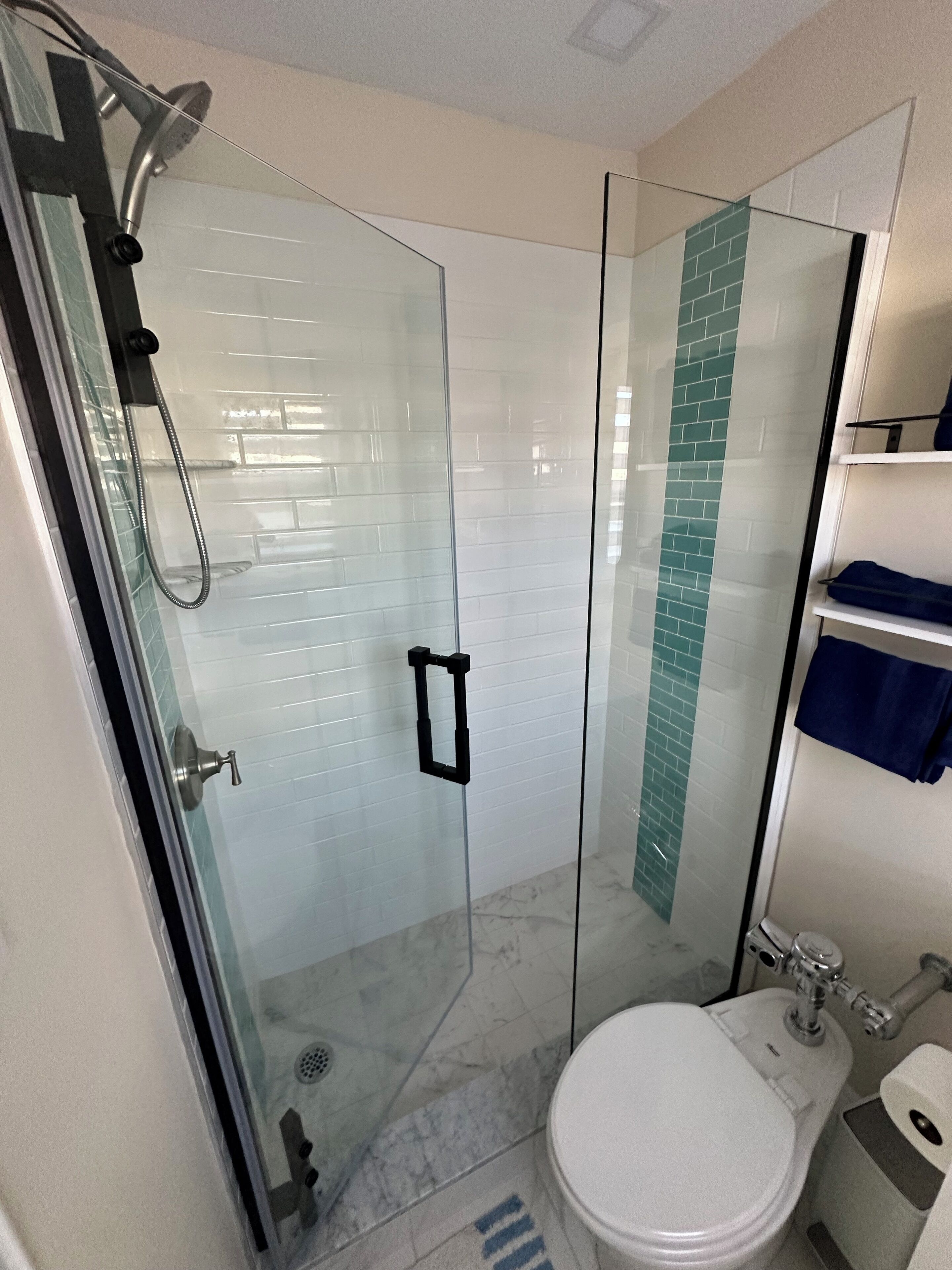 Hair dryer, towels, soap, toilet paper