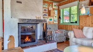 A cozy living room with a fireplace, wooden walls, and a window with a view of greenery. - 3 bedroom cozy home in Mellerud (Mellerud)