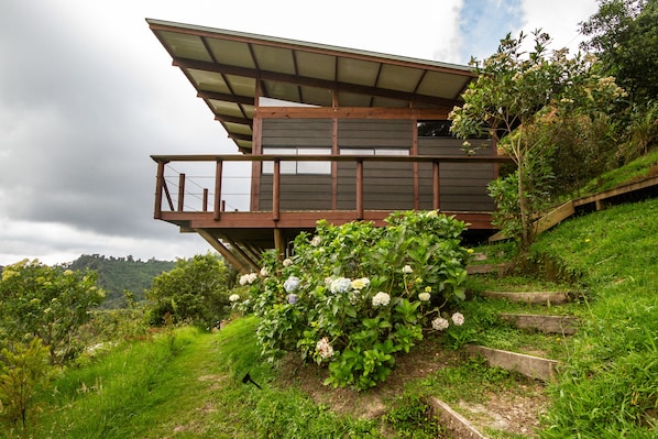 A modern house with a wooden deck and a large window overlooking a lush garden. - Owl's Watch Nature Retreat (Manizales)
