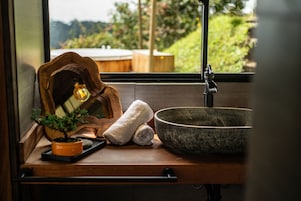 Shower, free toiletries, hair dryer, slippers