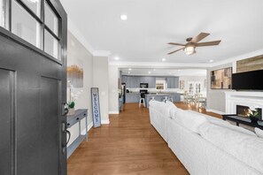 Smart TV, fireplace, books