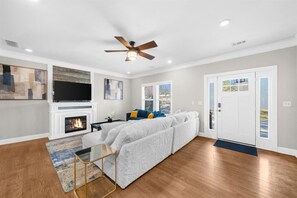 Smart TV, fireplace, books