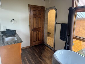Hair dryer, towels, soap, shampoo