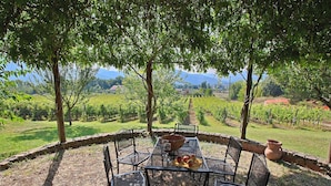 Une table installée à l’extérieur, avec des chaises, entourée d’un mur de pierre et d’arbres, et offrant une vue sur un vignoble.