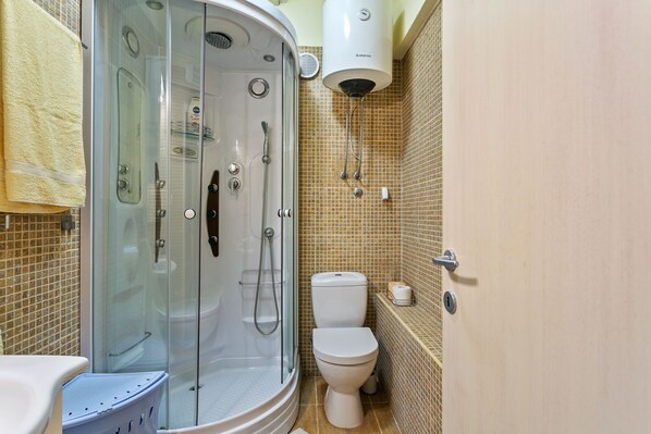 A modern bathroom with a glass-enclosed shower, a toilet, and a sink.